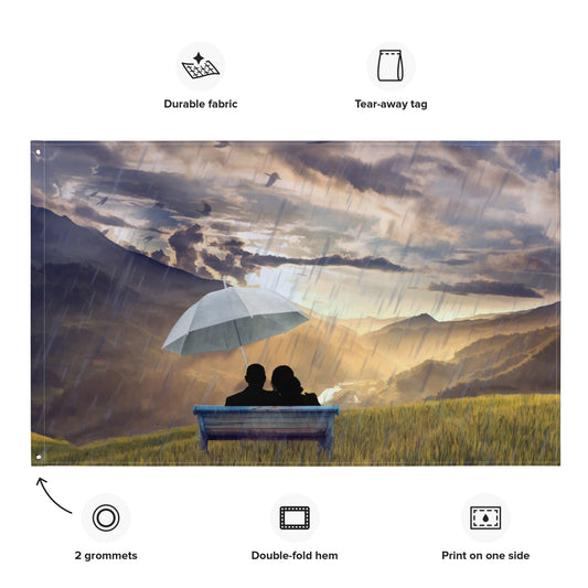 Love in Rain  Couple Painting Flag Tapestry