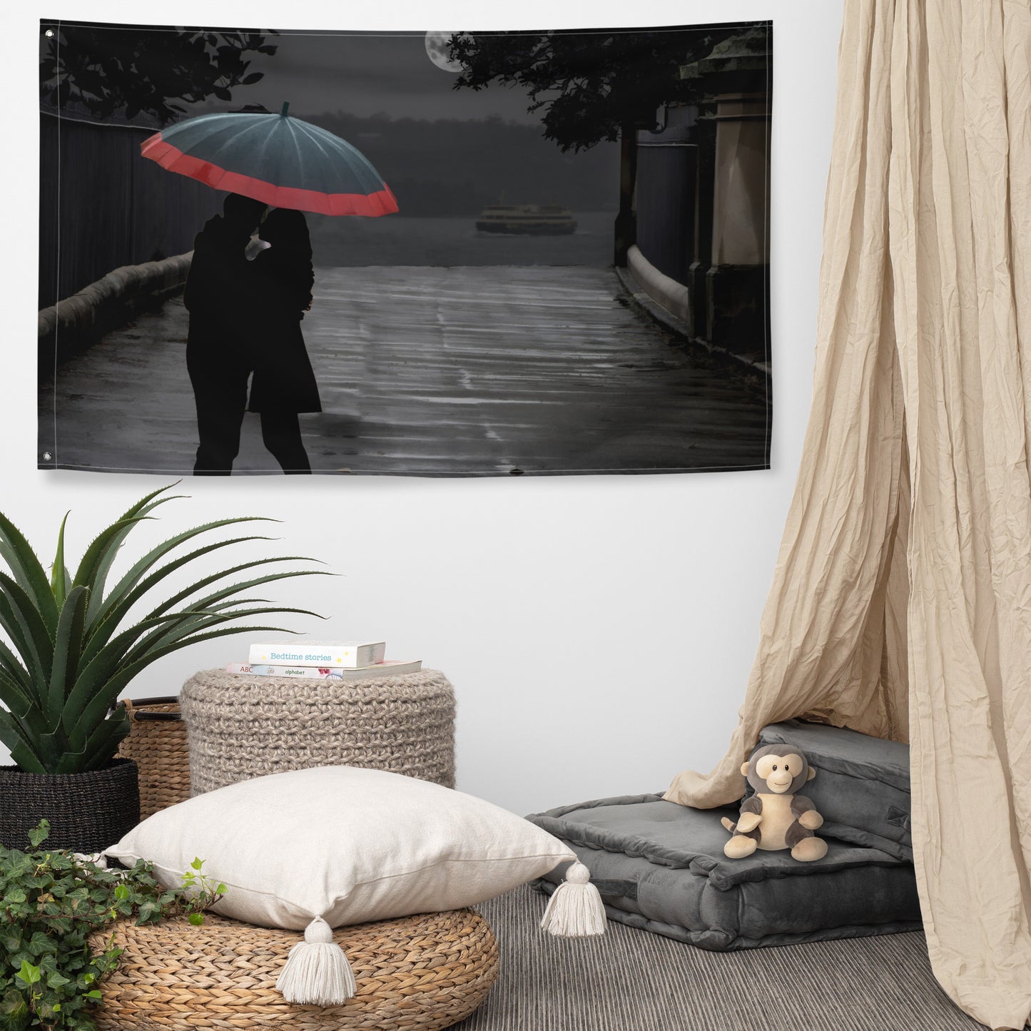 Grey Couple Umbrella Painting Flag Tapestry