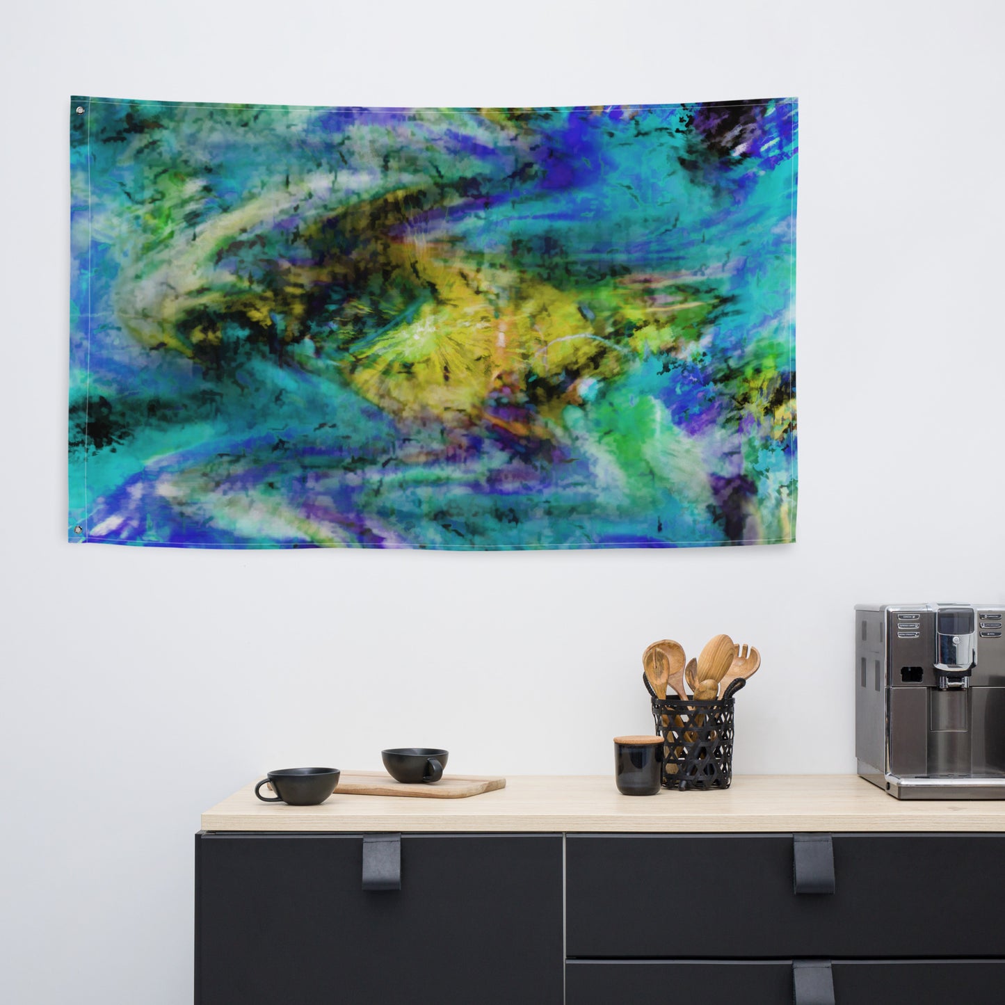 Yellow Blue Abstract Painting Flag Tapestry