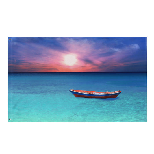 Sunset Boat Ocean Painting Flag Tapestry