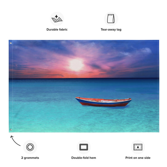 Sunset Boat Ocean Painting Flag Tapestry