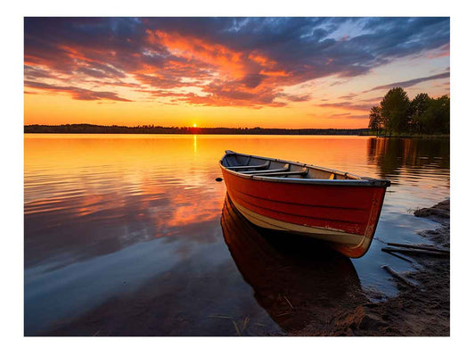 Calm  Sea With Boat At Sunset Canvas Painting