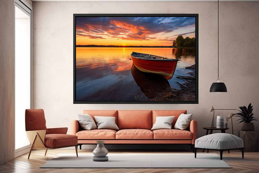 Calm  Sea With Boat At Sunset Canvas Painting