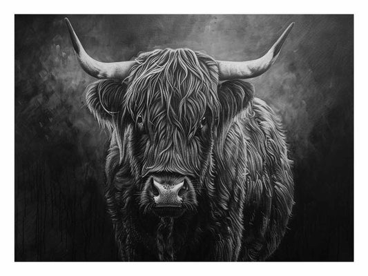 Highland Cow Black & white Canvas Art Print