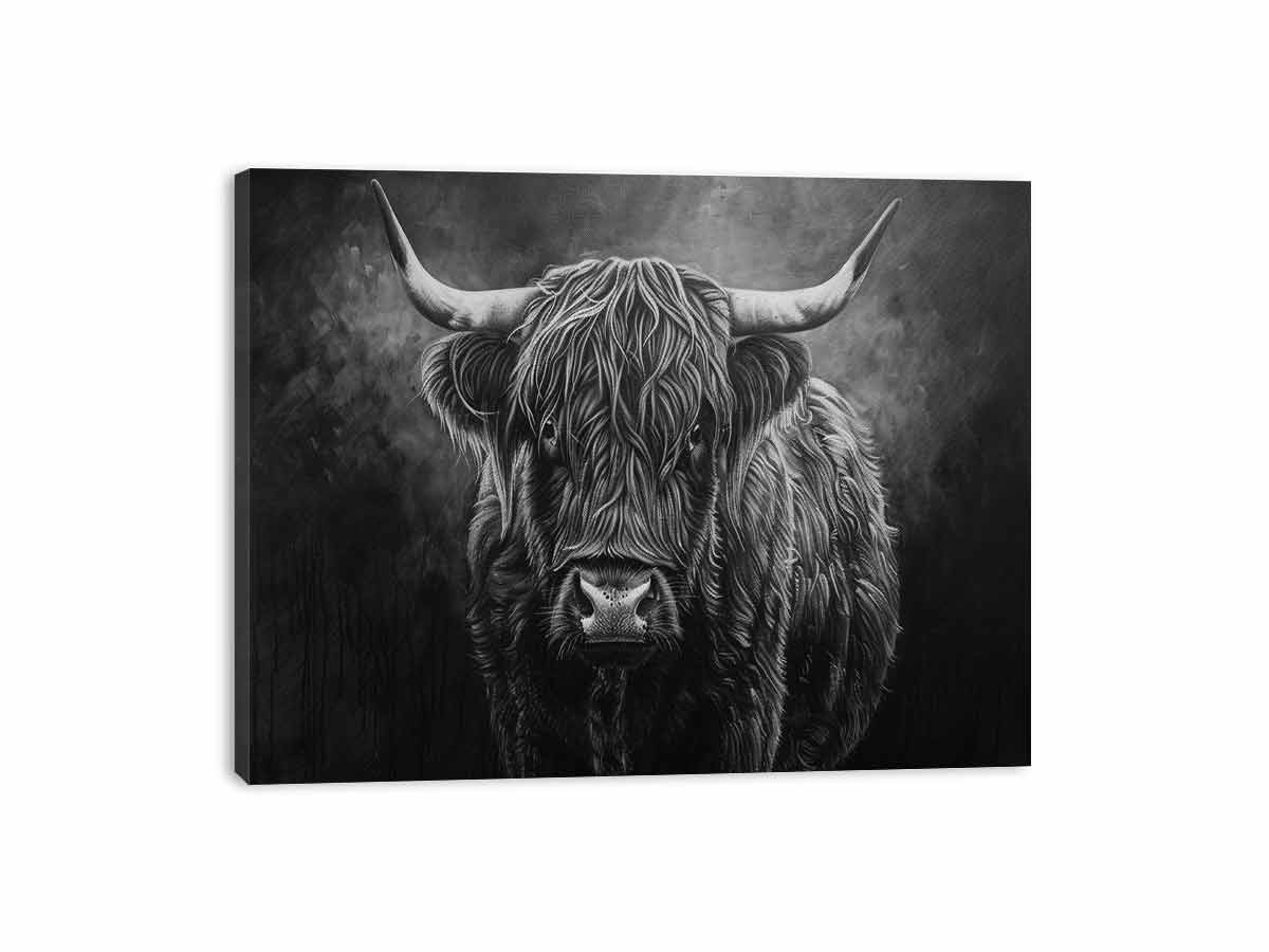 Highland Cow Black & white Canvas Art Print