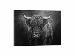 Highland Cow Black & white Canvas Art Print