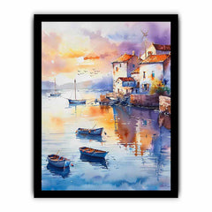 Coastal Village Watercolor Canvas Painting  Print