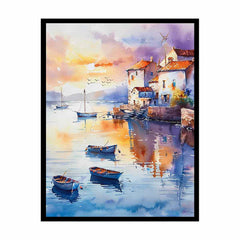 Coastal Village Watercolor Canvas Painting  Print