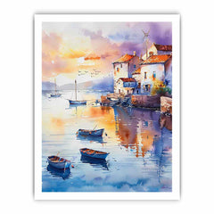 Coastal Village Watercolor Canvas Painting  Print