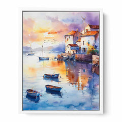 Coastal Village Watercolor Canvas Painting  Print