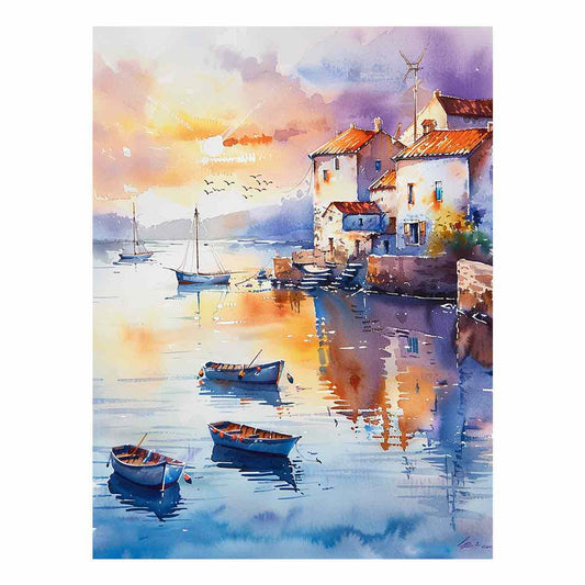 Coastal Village Watercolor Canvas Painting  Print