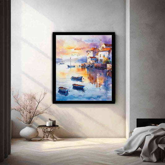 Coastal Village Watercolor Canvas Painting  Print