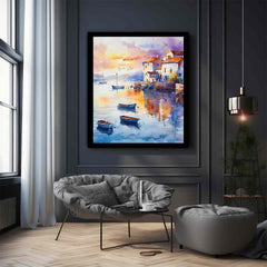 Coastal Village Watercolor Canvas Painting  Print