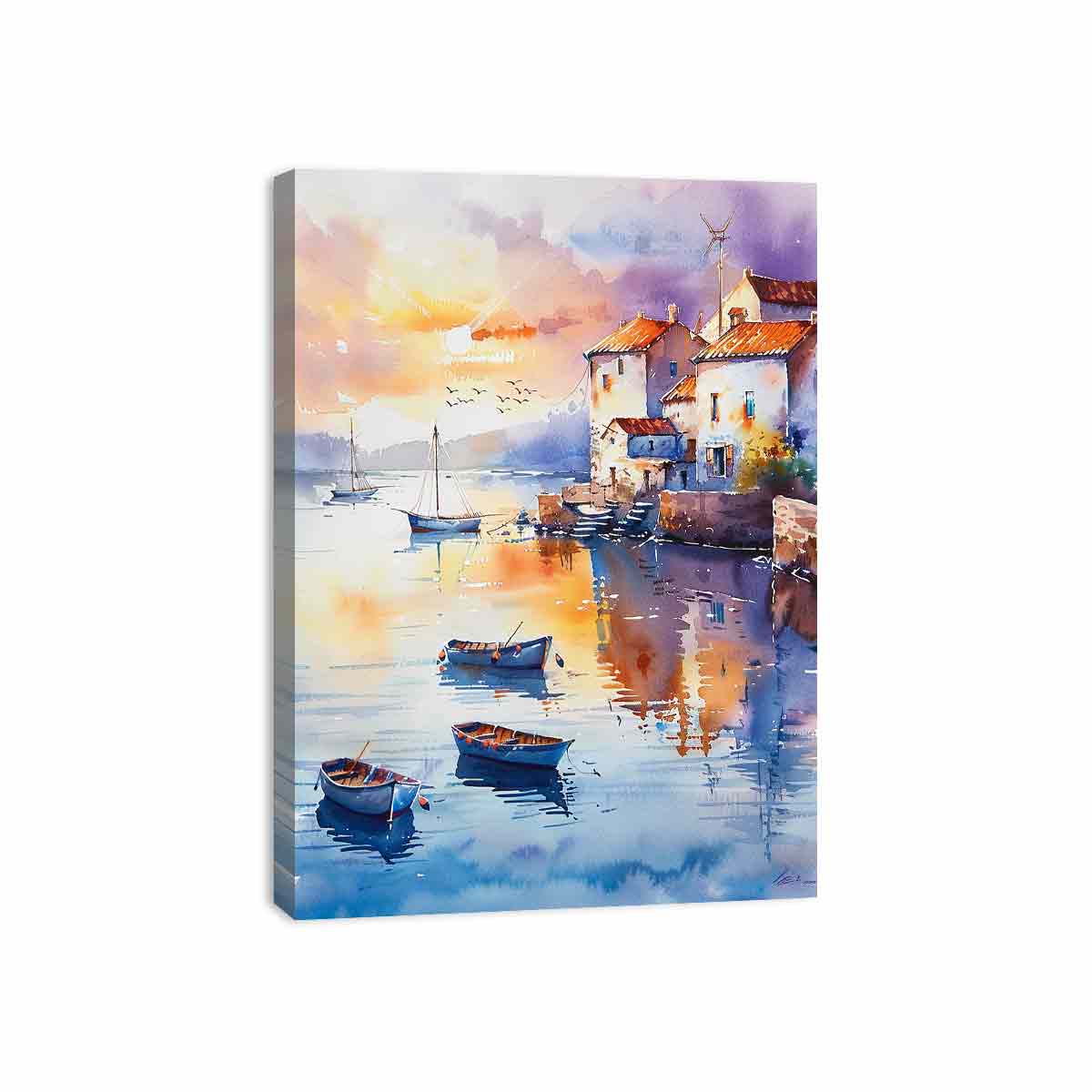 Coastal Village Watercolor Canvas Painting  Print