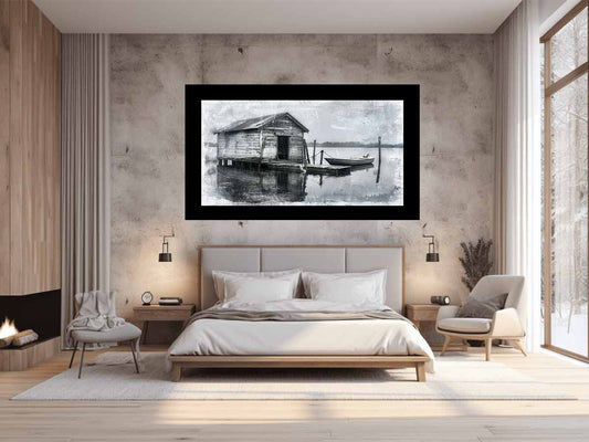 Fishing Shack  balck & white  Canvas Art Print