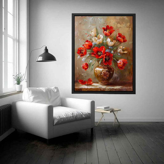 Red Flowers with Vase Painting for Dining Room