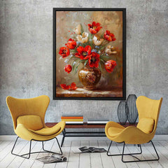 Red Flowers with Vase Painting for Dining Room