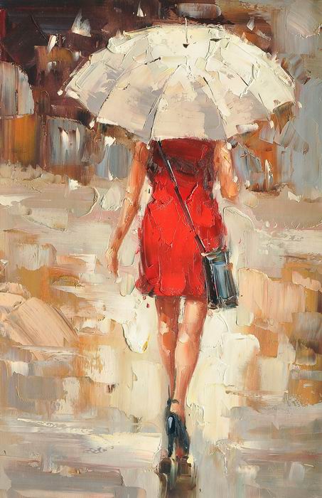 Umbrella Purse Knife Art Red lady Painting 