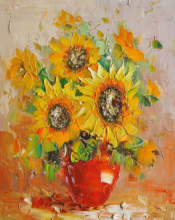 Sunflower Brown Vase Knife Art Painting 