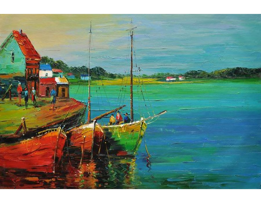 Colorfull Lake Boat Knife Art  Painting 