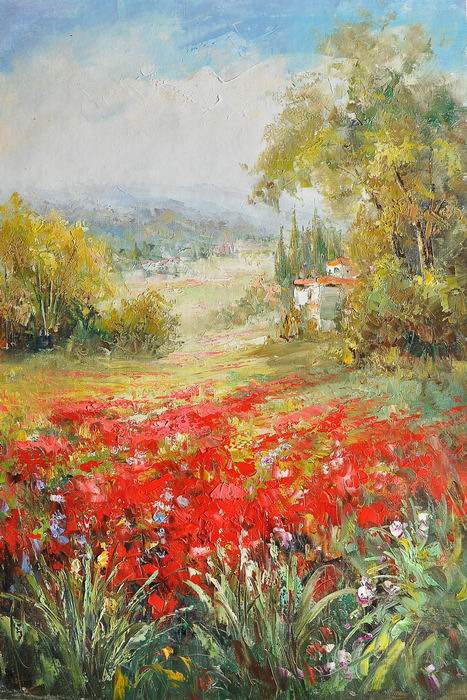 Red Flower Landscape Knife Art  Painting 