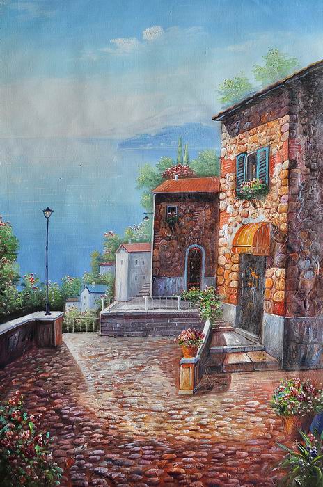 Brown Houses Knife Art Mediterranean Painting 